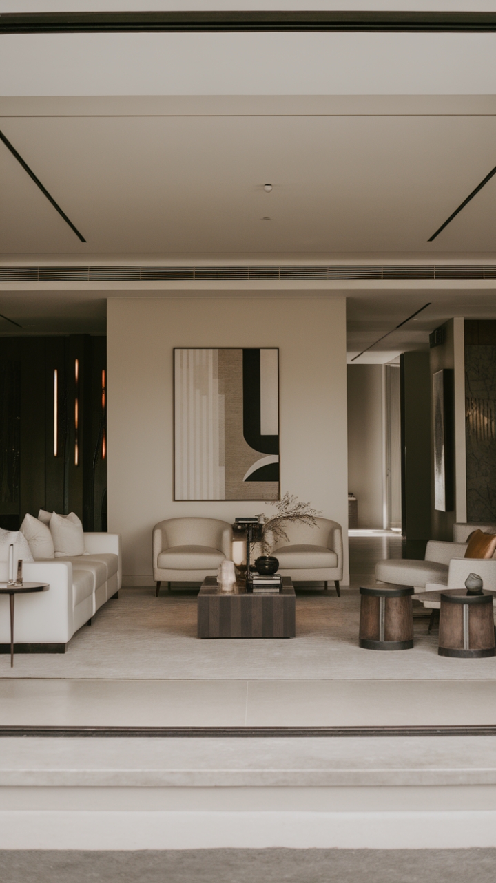 Sculptural lines and a neutral palette define this contemporary haven, where minimalist furniture and a striking piece of modern art create a sophisticated sanctuary. The open floor plan maximizes space and light, resulting in a living room that's both stylish and serenely functional.