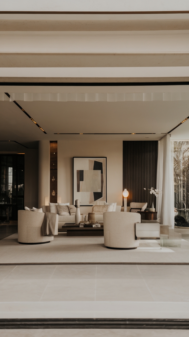 This contemporary modern living room exudes sophistication with its minimalist decor, showcasing sleek furniture that harmonizes beautifully with a neutral color palette. The clean lines and functional design create an inviting atmosphere, while a striking modern art piece on the wall adds a touch of personality and intrigue. The open floor plan enhances the spacious feel, making this stylish sanctuary the perfect backdrop for both relaxation and entertaining.
