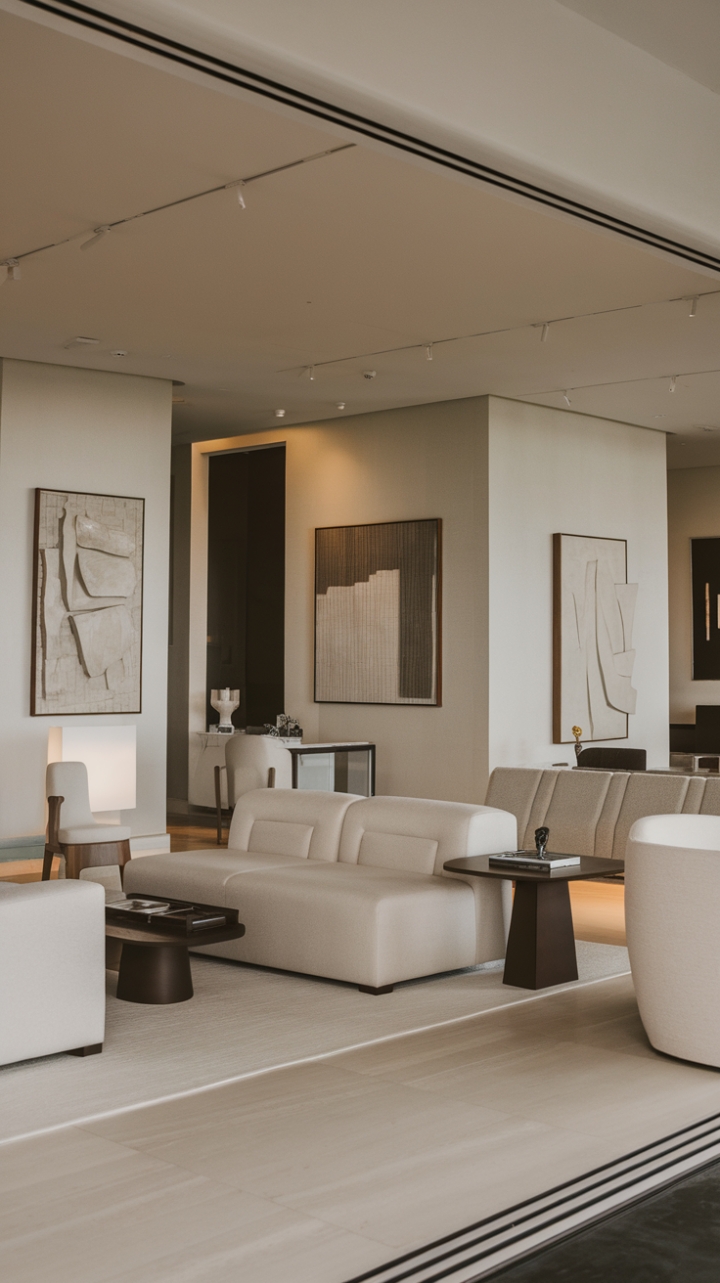 A harmonious blend of style and simplicity, this contemporary living room showcases a neutral color palette that invites tranquility. With its clean lines and modern furnishings, the space is designed for both comfort and functionality, while captivating modern art pieces adorn the walls, adding character to the open layout. The overall ambiance is a perfect balance of chic sophistication and welcoming warmth.