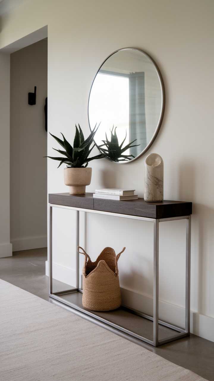 Modern minimalism meets organic warmth. A dark wood console table, its simple silhouette striking against the crisp white wall, becomes a curated display for a potted plant and a statement object. The light rug underfoot adds a touch of unexpected softness, grounding the space and creating a serene and inviting entryway.