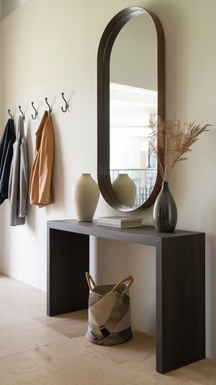 This modern entryway exudes sophistication with its sleek, minimalist console table crafted from rich dark wood, perfectly complemented by a stylish vase and a chic mirror that reflect light and enhance the space. The wall behind is adorned with practical hooks for coats, seamlessly blending functionality with contemporary design. Underfoot, the warm beige tiles create a welcoming foundation, inviting guests into a space that is both stylish and practical, embodying the essence of modern living.