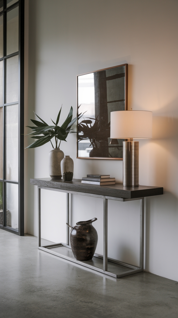 This modern entryway is a masterclass in understated luxury. A dark wood and metal console table commands attention, its minimalist design allowing the carefully chosen accessories-a verdant plant, a stylish lamp, and a unique vase-to shine. The crisp white walls and cool grey concrete floor create a backdrop of sophisticated simplicity, perfect for a chic urban dwelling.