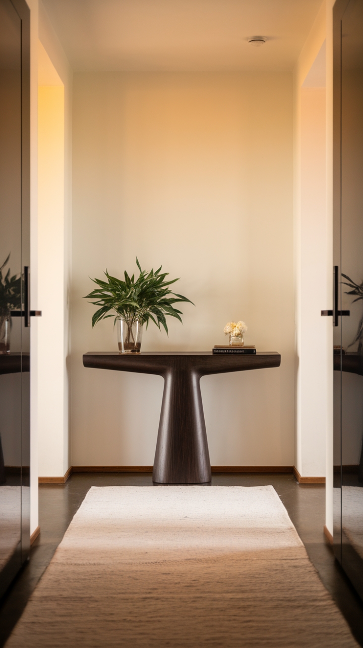This modern entryway exudes sophistication with its sleek, contemporary console table crafted from rich dark wood, perfectly contrasting against the pristine white wall. A vibrant green plant and a carefully chosen decorative object add a touch of personality to the tabletop, inviting warmth and life into the space. The soft white rug underfoot harmonizes beautifully with the walls, creating a seamless flow that enhances the hallway's inviting atmosphere. With doors flanking either side, this entryway is a stylish gateway that sets the tone for the rest of the home.