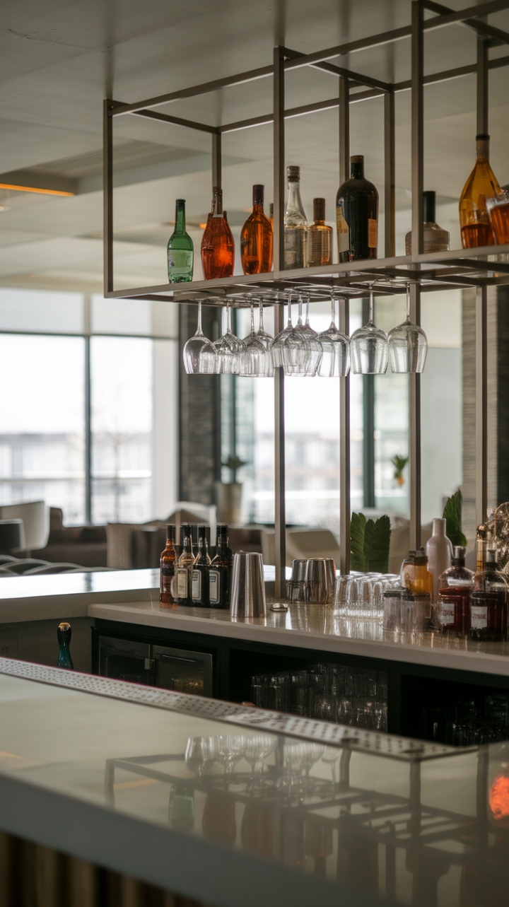 Craft the perfect cocktail in this contemporary home bar, a stylish blend of minimalist design and modern functionality. The sleek pub-style bar and curated beverage station seamlessly integrate into the chic lounge area, promising an unforgettable home tavern experience.