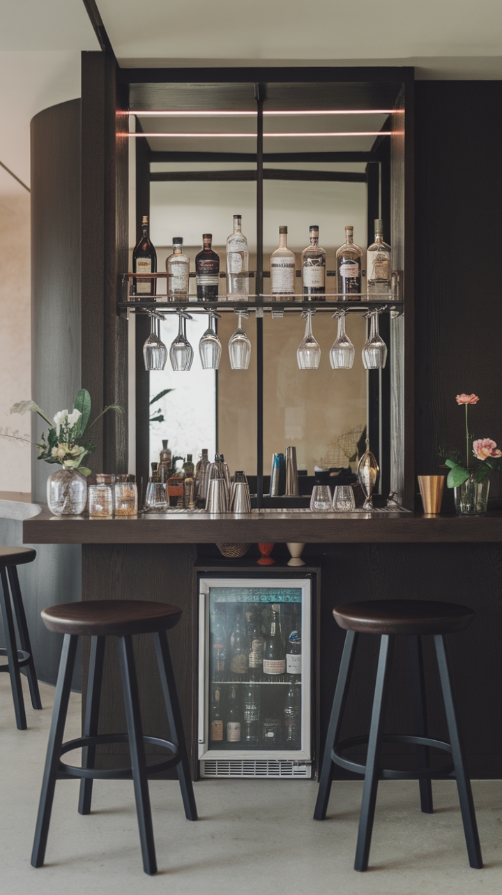 With its striking dark wood construction and minimalist aesthetic, this contemporary home bar is a stylish haven for cocktail enthusiasts. The carefully curated selection of bottles and glasses adds a touch of flair, while the cozy stools invite friends to gather and unwind. A compact fridge hidden beneath the bar keeps drinks chilled and ready to serve, making this chic space the perfect backdrop for memorable evenings filled with laughter and good company.