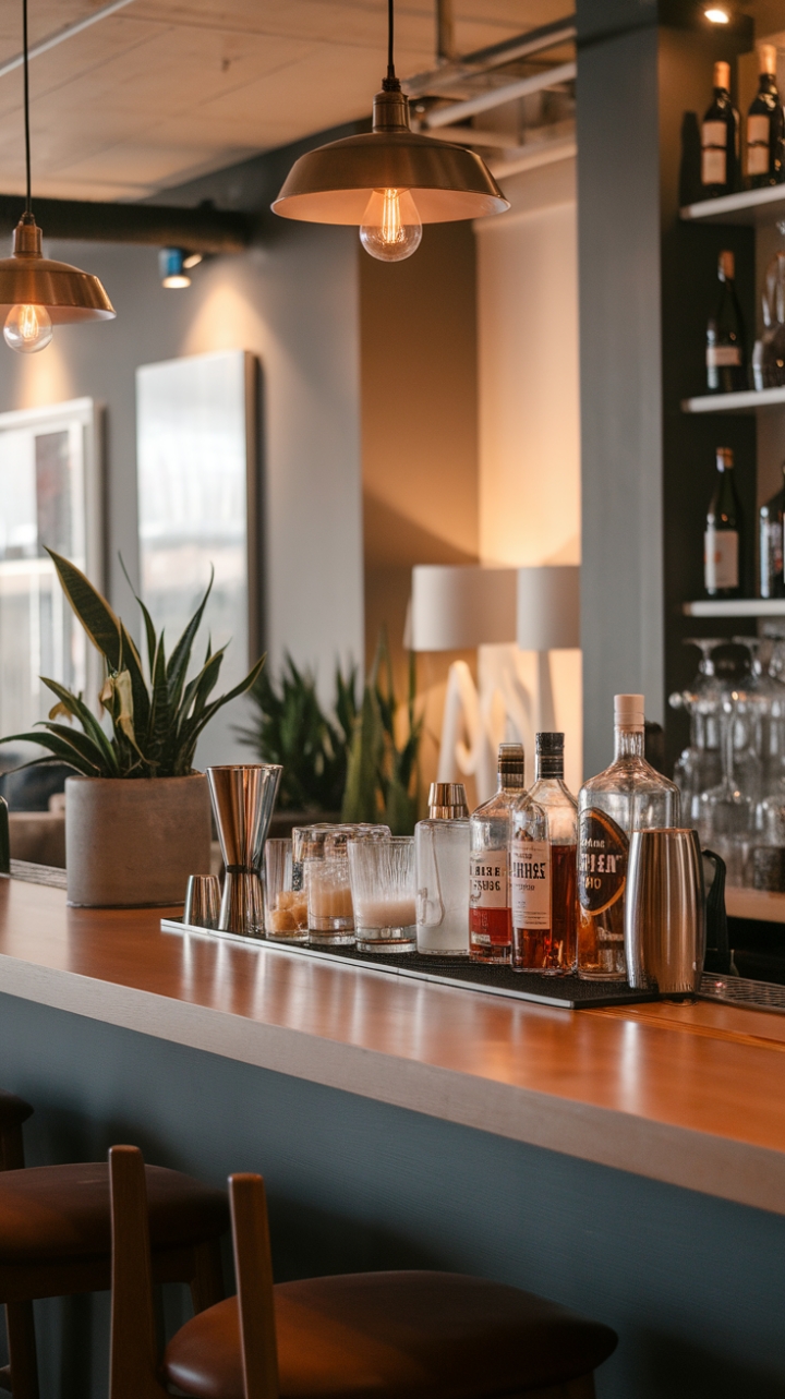 With its clean lines and sophisticated flair, this contemporary home bar is a testament to modern design, where every detail is curated for both functionality and aesthetic appeal. The wooden counter serves as a stunning backdrop for an array of carefully selected spirits and elegant glassware, while a cocktail shaker stands ready for mixology enthusiasts. Lush potted plants introduce a refreshing touch of nature, and the warm lighting casts a cozy glow, inviting friends and family to gather and enjoy the art of cocktail crafting in style.
