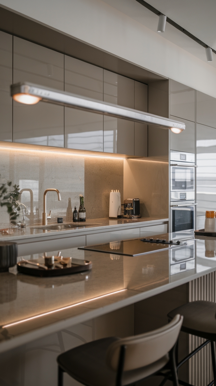This contemporary luxury kitchen exudes sophistication with its sleek interiors and high-end appliances, creating a perfect blend of form and function. The designer cabinets, crafted with precision, complement the premium countertops, while the minimalist decor highlights the beauty of simplicity. Every detail, from the polished finishes to the carefully chosen essentials, contributes to an ambiance that is both clean and inviting, making this space a true culinary haven.