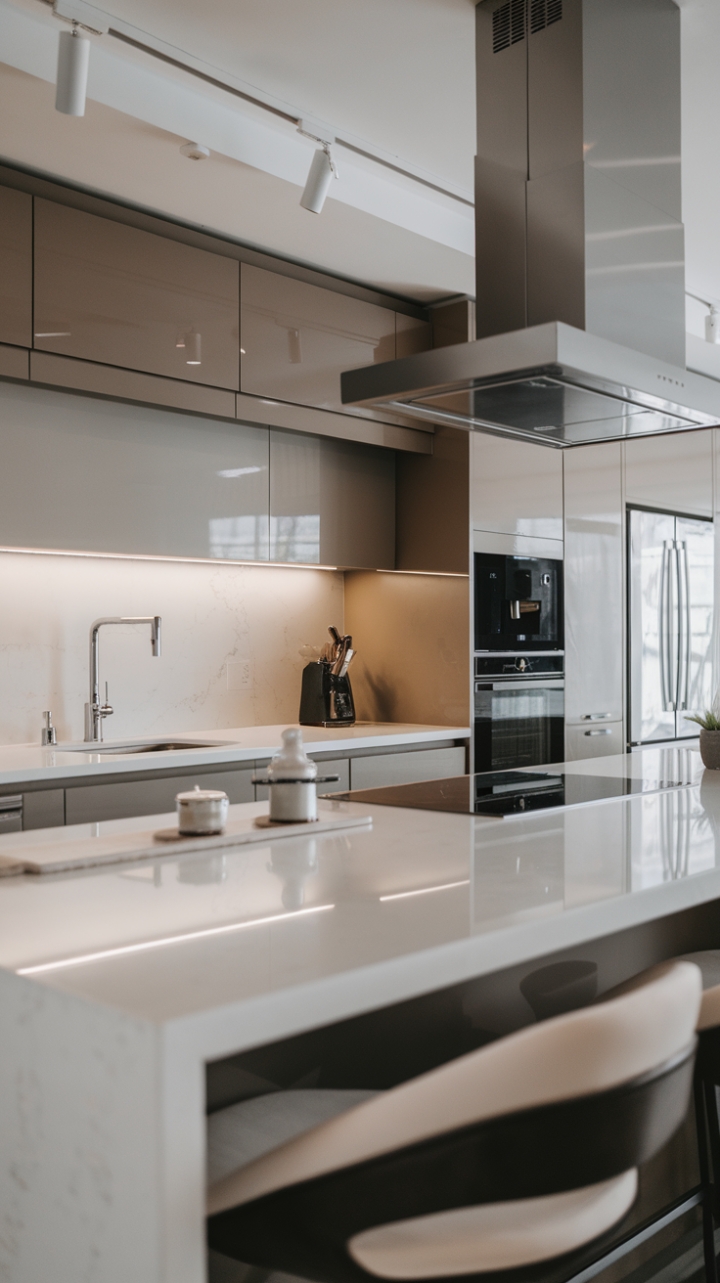 A stunning example of modern luxury, this kitchen captivates with its clean lines and minimalist aesthetic, featuring top-of-the-line appliances that promise both performance and style. The designer cabinets and upscale countertops offer a seamless backdrop for culinary adventures, while premium fixtures, including a stylish faucet and sleek range hood, enhance the overall elegance. Bright and airy, this space embodies sophistication, making it the perfect setting for both intimate meals and grand entertaining.