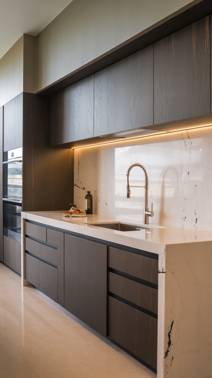 Modern luxury finds its perfect expression in this kitchen's sleek lines and rich textures. Dark wood cabinets create a dramatic focal point, while the white countertops and light grey walls maintain a sense of airy spaciousness. Premium fixtures and subtle detailing add a touch of refined elegance to this stunning culinary haven.
