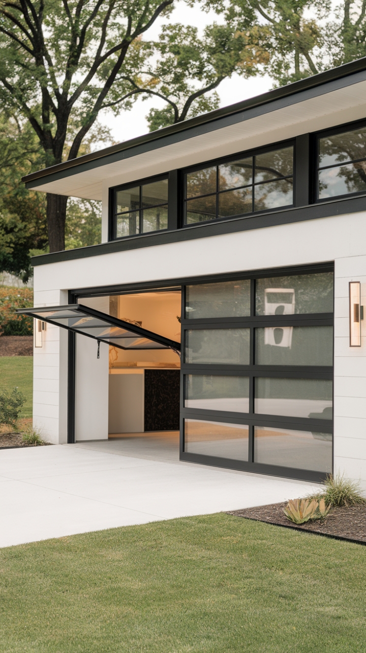 A vision of modern sophistication, this contemporary home exterior features an innovative glass garage door that stands out with its sleek, minimalist design. The garage, seamlessly integrated with the main house, boasts a crisp white facade adorned with striking black trim, while large windows and a flat roof contribute to its architectural allure. With the garage door open, the interior is revealed, inviting a glimpse of the stylish space within, all set against a backdrop of vibrant green lawn and graceful trees that frame this stunning residence.