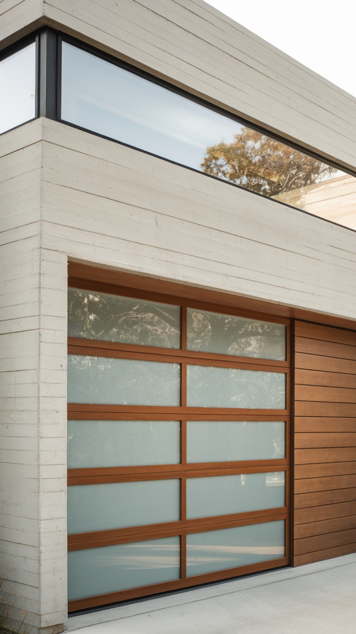 Where industrial chic meets minimalist modern. A striking glass and wood garage door, a masterpiece of clean lines and smooth textures, anchors this innovative home's concrete façade, hinting at the sophisticated style within. The exposed rebar adds an unexpected touch of raw, urban edge.