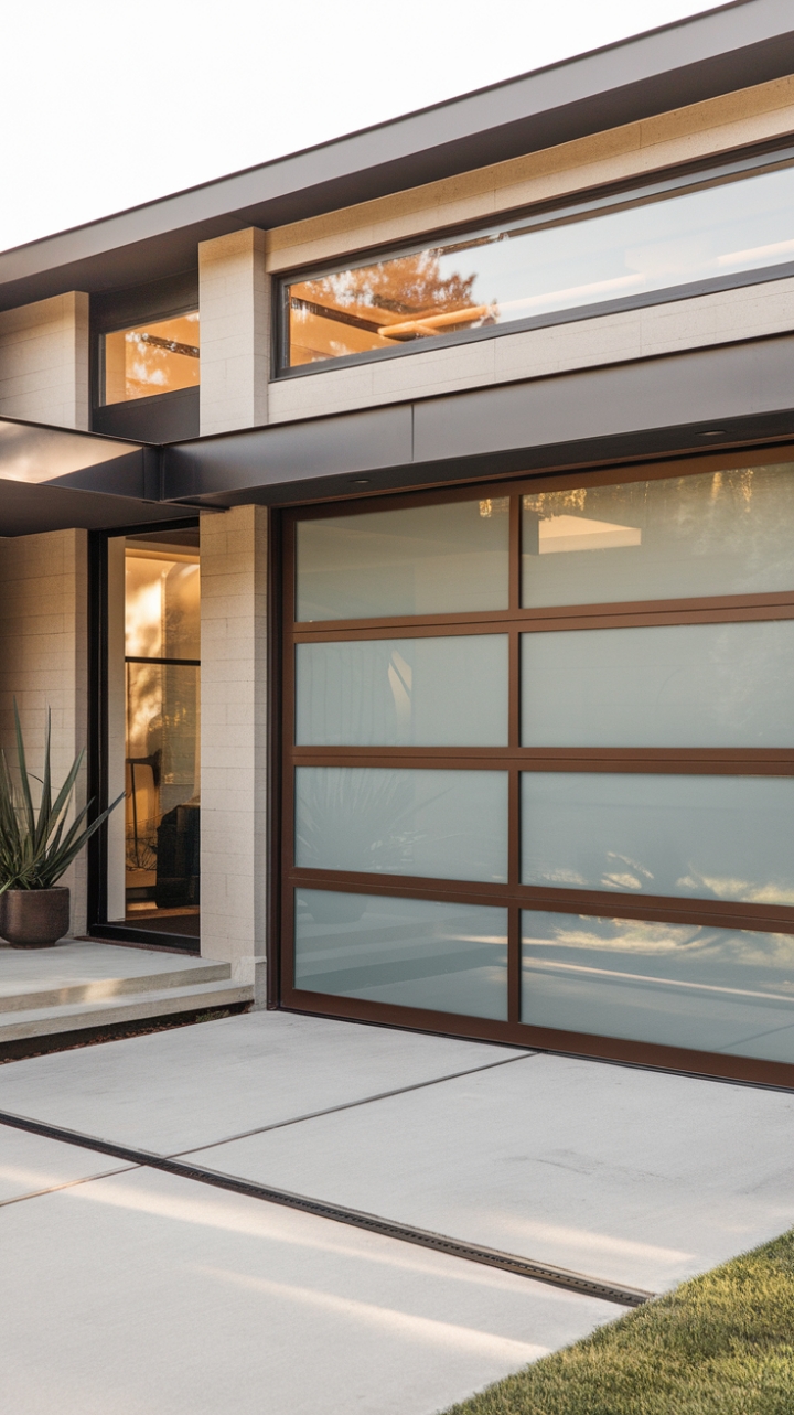 A vision of modern elegance, this home exterior captivates with its innovative glass garage door that combines functionality with artistic flair. The minimalist design, featuring a harmonious mix of frosted and clear panels, complements the contemporary architecture, creating a seamless transition between indoor and outdoor spaces. The sleek concrete entryway, accented by carefully curated potted plants, invites you into a world of refined simplicity, while the flat roof and expansive windows add to the home's striking silhouette, making it a true standout in contemporary design.