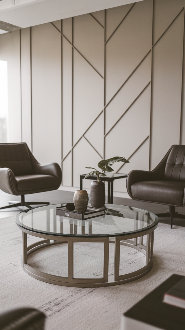 Geometric patterns meet sleek silhouettes in this contemporary living room. A transparent coffee table anchors the space, its reflective surface mirroring the room's understated elegance and highlighting the stylish seating arrangement.