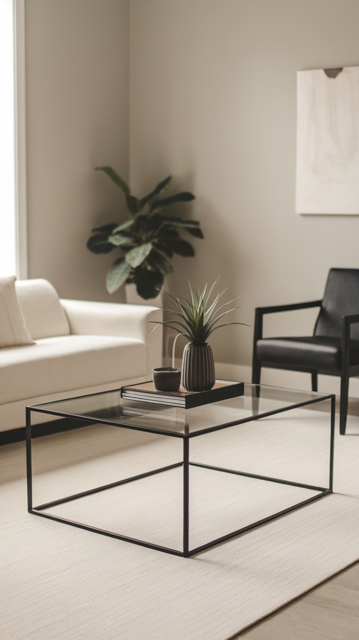 Unveiling understated elegance: A minimalist haven defined by a sleek glass-top coffee table, its black metal frame a graphic counterpoint to the soft grey walls and creamy rug. The perfect blend of form and function for the modern home.