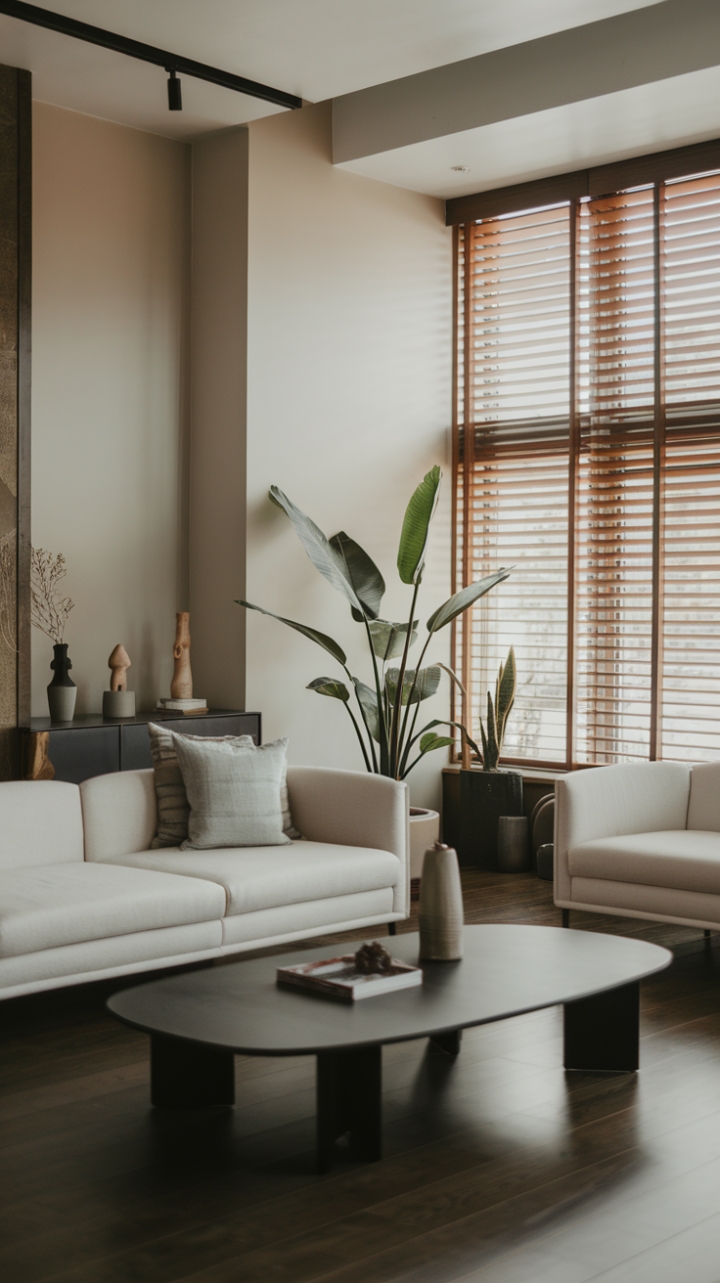 This modern living room exudes urban sophistication with its sleek furnishings and minimalist decor. A pristine white sofa adorned with a few carefully chosen pillows invites relaxation, while a striking black coffee table anchors the space. Lush greenery from a potted plant adds a refreshing touch, harmonizing beautifully with the crisp white walls and rich dark wood flooring. The large window, dressed in stylish wooden blinds, floods the room with natural light, creating an inviting atmosphere that perfectly balances comfort and contemporary elegance.