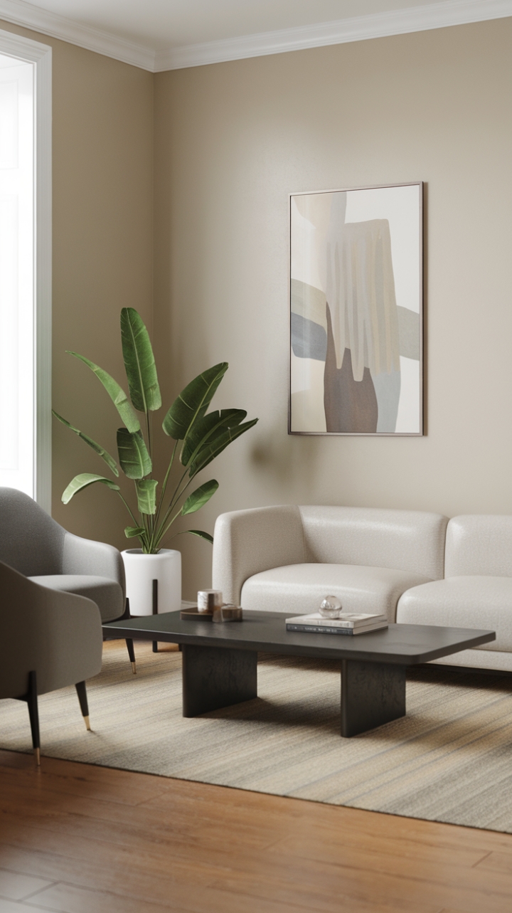 This contemporary room exudes a serene charm with its minimalist decor, where sleek furniture pieces harmonize beautifully. A plush white sofa invites relaxation, complemented by a striking black coffee table that adds a touch of sophistication. The grey chair offers a cozy nook, while a vibrant green plant breathes life into the space, creating a refreshing contrast against the light-colored walls. The warm wooden floor grounds the room, enhancing its inviting atmosphere and making it a perfect retreat for modern living.