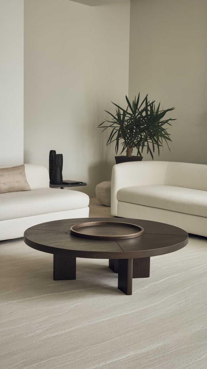 Clean lines and calming neutrals create a haven of sophisticated style. The sleek white sofa invites relaxation, while the dark wood coffee table adds a grounding warmth. Subtle textures and a minimalist approach result in a space that's both stylish and utterly tranquil.
