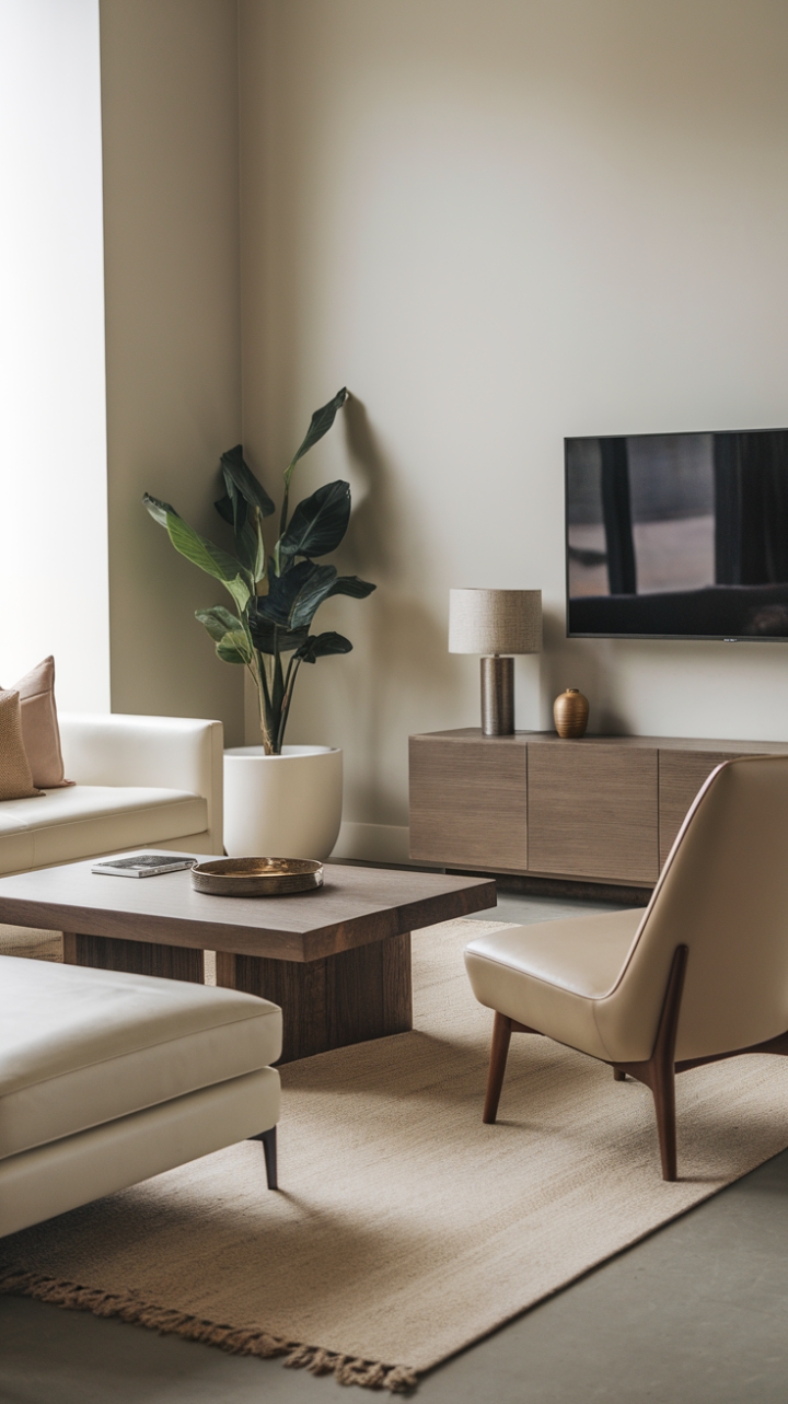 This contemporary interior exudes a serene elegance, where minimalist decor takes center stage. The crisp white sofa, adorned with a few thoughtfully placed cushions, invites relaxation, while the warm wooden coffee table adds a touch of organic charm. A stylish beige chair complements the space, creating a harmonious balance with the light grey walls that envelop the room in tranquility. A vibrant potted plant breathes life into the setting, and the sleek flat-screen TV mounted on the wall seamlessly integrates modern technology. Underfoot, a soft beige rug ties the room together, enhancing the overall sense of calm and sophistication.