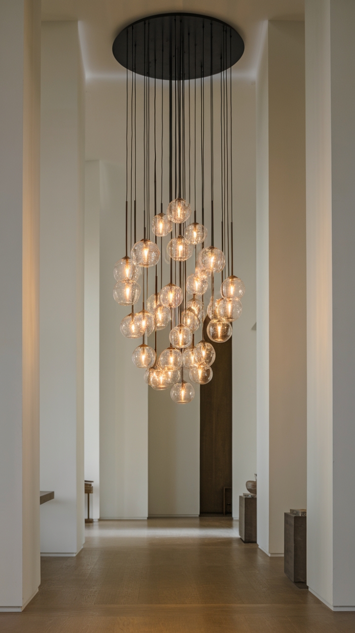 A stunning contemporary chandelier takes center stage in this modern room, where sleek design meets warm ambiance. Crafted from a series of clear glass orbs that seem to float gracefully from a striking black metal frame, the fixture radiates a soft, inviting glow that dances across the minimalist decor. With its high ceiling and pristine white walls, the space is transformed into a serene oasis, enhanced by the natural warmth of the wooden floor and the carefully curated furniture pieces that complement the chandelier's elegant silhouette.