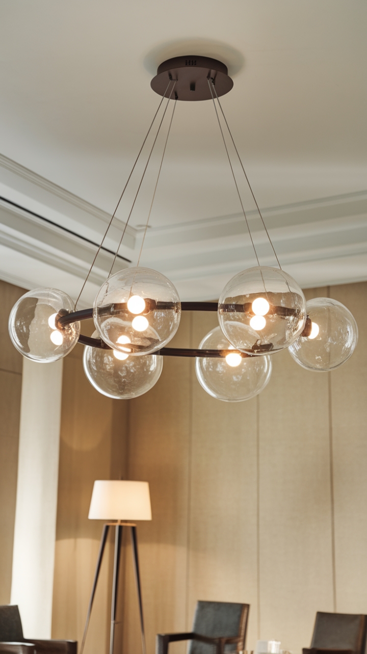 This stunning contemporary chandelier redefines elegance with its sleek, minimalist design, featuring an array of glass globes in varying sizes that dance gracefully from a central circular structure. The bright lighting casts a warm glow throughout the room, enhancing the soft beige walls and crisp white ceiling, while the carefully curated chairs and lamp add a touch of sophistication to the space. The chandelier serves as a captivating focal point, harmonizing modern aesthetics with a sense of airy openness, perfect for any stylish living area.