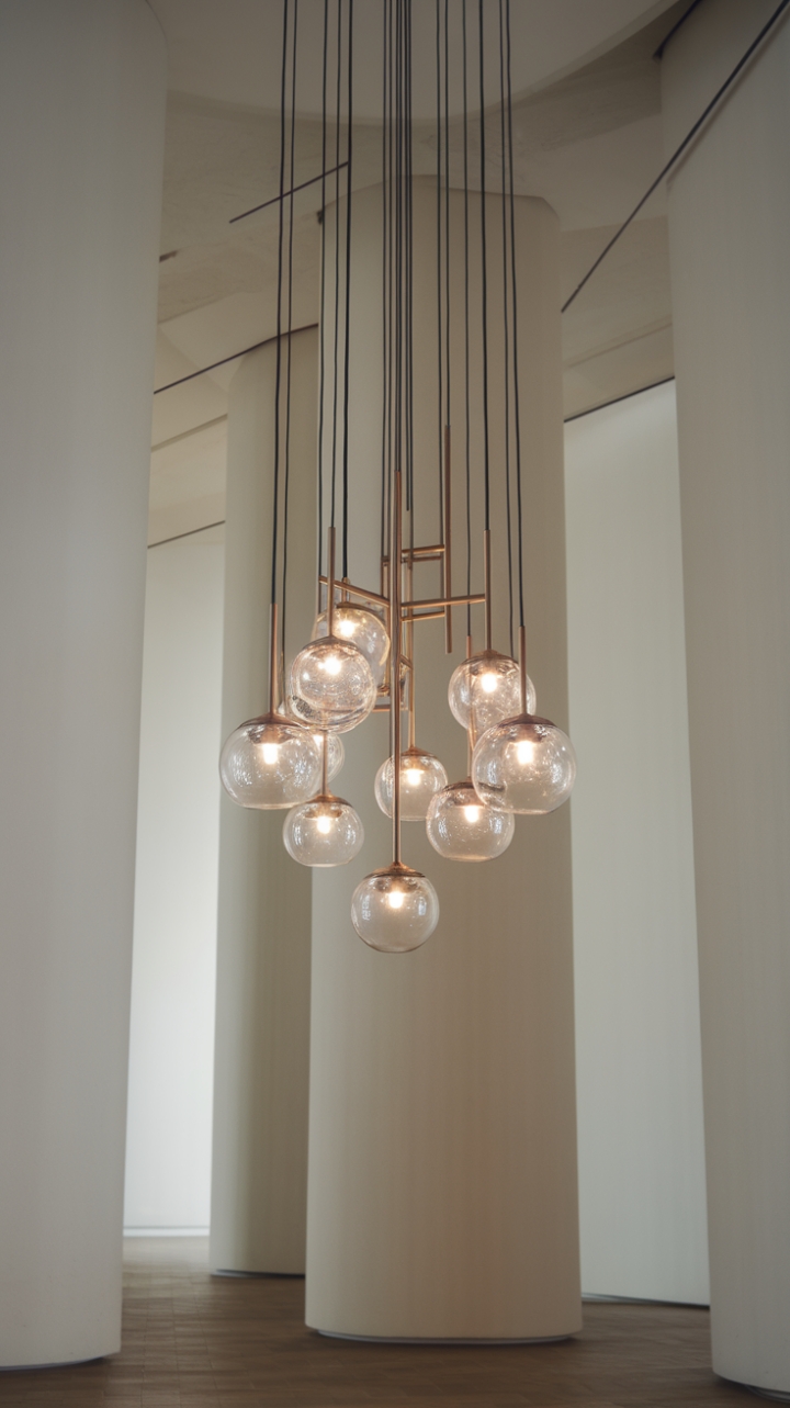 Sculptural grace meets minimalist chic in this stunning contemporary chandelier. Its clear glass globes, suspended from a slender bronze stem, cast a warm, inviting glow against the backdrop of crisp white walls and rich wood floors. A statement piece that defines modern elegance.