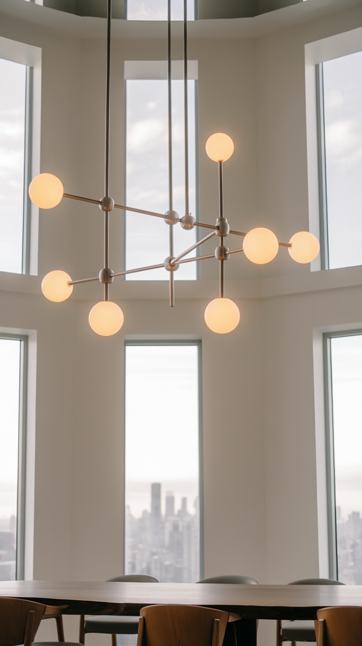 A stunning contemporary chandelier takes center stage in this chic dining area, its sleek lighting fixtures adorned with glowing orbs that cast a warm, inviting glow. Suspended from a lofty ceiling, the minimalist metallic structures create a striking visual contrast against the crisp white walls, enhancing the room's modern aesthetic. Below, a stylish wooden table and chairs invite gatherings, while expansive windows frame a breathtaking view of the city skyline, seamlessly blending urban sophistication with elegant design.