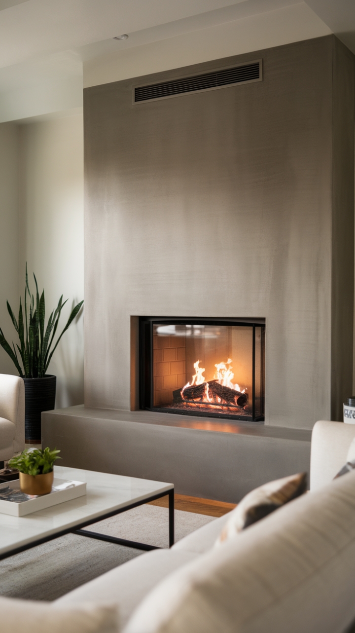 Embrace the warmth of modern minimalism. This living room's sleek glass-fronted fireplace casts a captivating glow against the crisp white backdrop, creating an ambiance of sophisticated serenity. The perfect blend of form and function for the contemporary home.