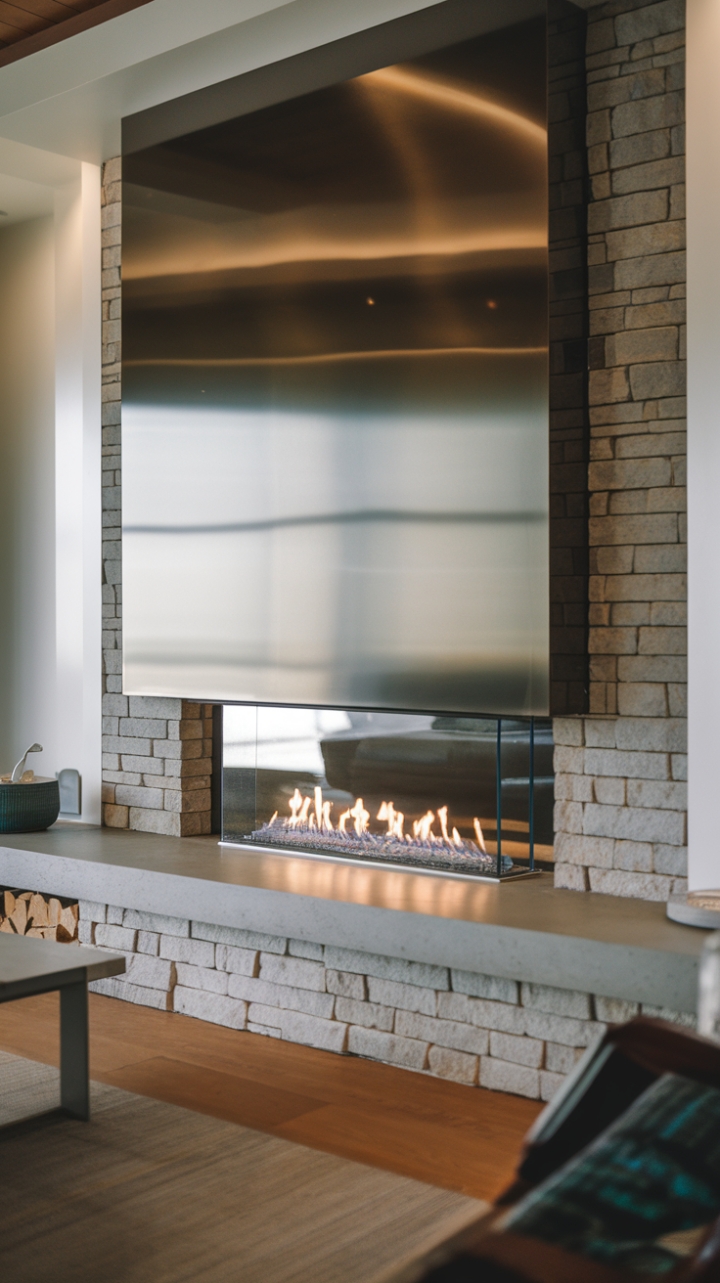 Indulge in the warmth of minimalist luxury. This contemporary fireplace, encased in sleek stone and framed by a glass pane, casts a captivating glow against the backdrop of natural wood floors and a calming white-walled haven. A perfect blend of form and function, it's the heart of modern living.
