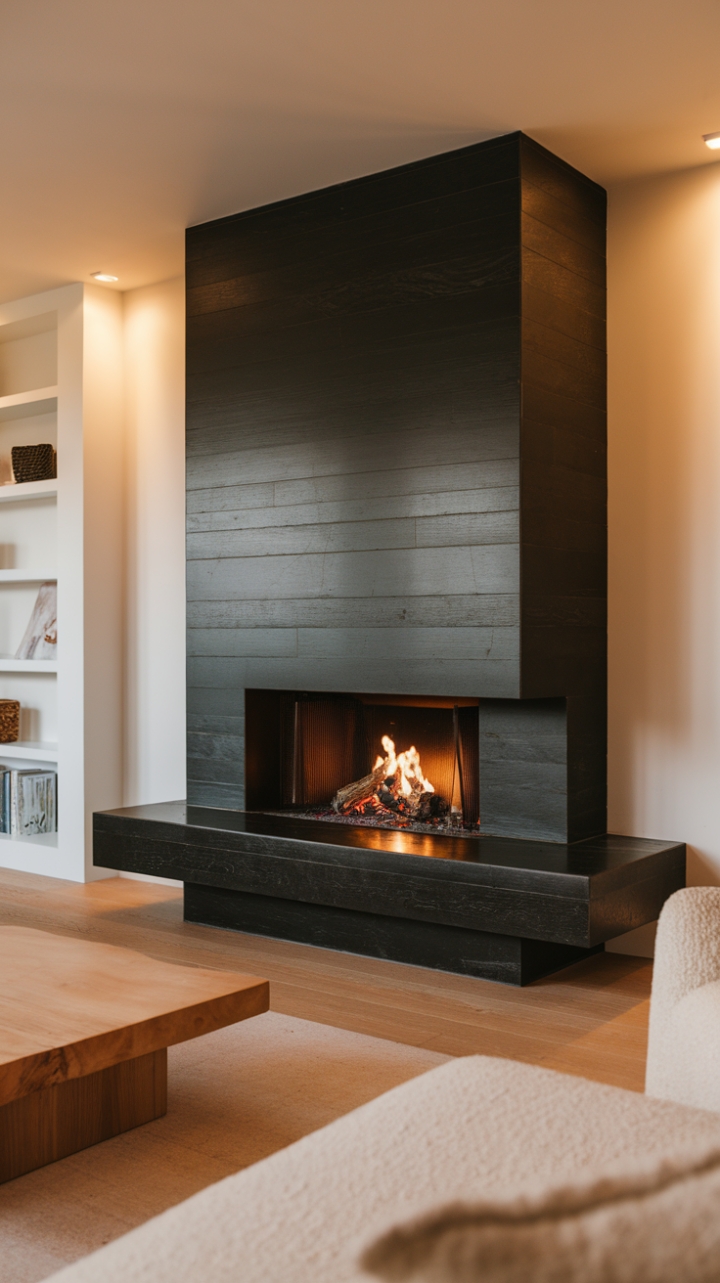 This modern fireplace, crafted from sleek black stone, serves as a striking focal point in a serene living space, its clean rectangular lines exuding sophistication. The warm glow of the fire dances within, casting a cozy ambiance that beautifully contrasts with the light wooden floor and crisp white walls. A plush white chair invites relaxation, while a minimalist wooden coffee table complements the overall aesthetic. The carefully curated white bookshelf adds a touch of elegance, harmonizing with the room's warm lighting to create an inviting atmosphere perfect for both intimate gatherings and quiet evenings at home.