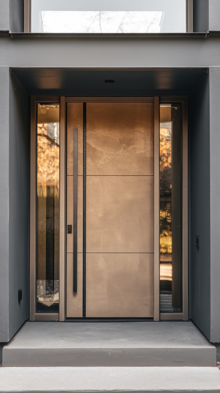 Unveiling urban chic: This minimalist masterpiece of a front door redefines modern entryways. Its sleek design and innovative material speak volumes about sophisticated style, setting the stage for a home that's as striking as it is inviting. The contemporary porch perfectly complements the door's clean lines, creating an unforgettable first impression.