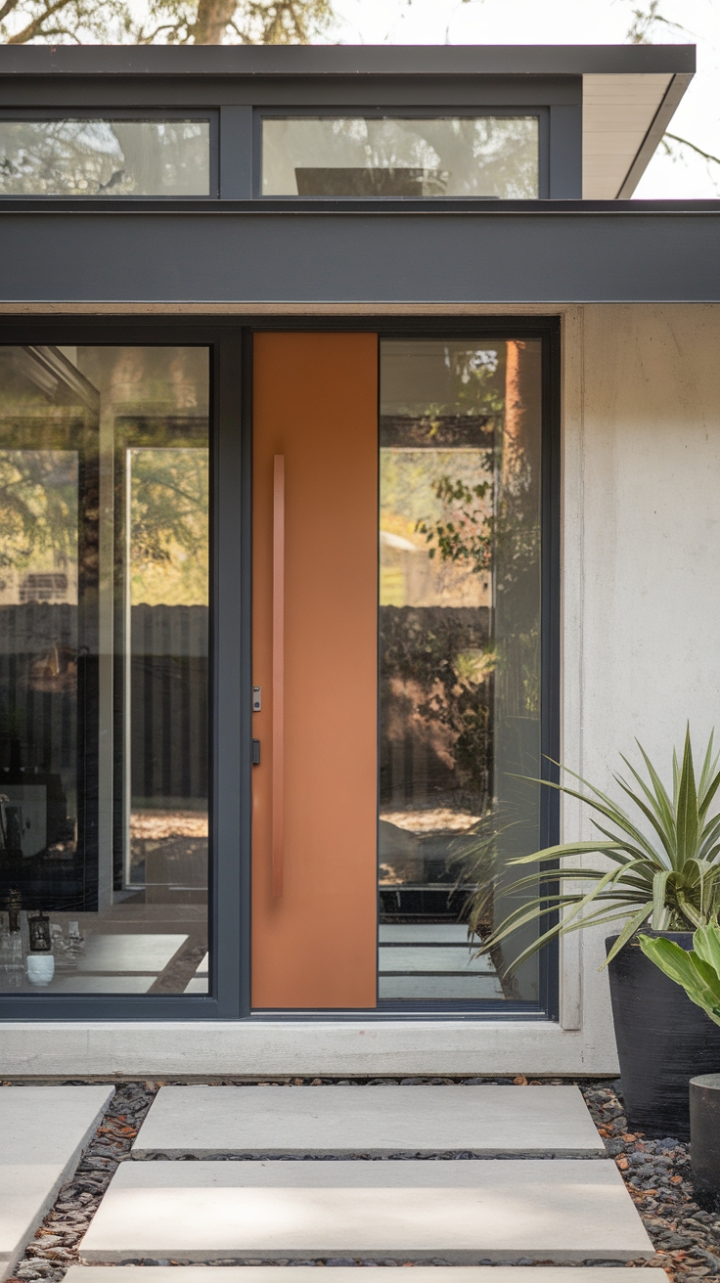 This striking modern home showcases a minimalist exterior that perfectly balances sleek design with natural elements. The glass and metal door, adorned with a chic leather handle, invites guests into a contemporary entryway defined by its polished concrete floor and thoughtfully placed potted plants. The flat roof and strategically positioned windows enhance the home's architectural appeal, while the surrounding fence and lush trees create a serene backdrop, harmonizing the beauty of nature with cutting-edge style.