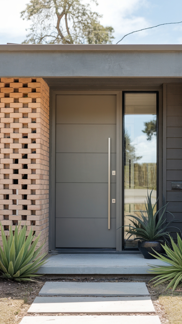 Where sleek minimalism meets unexpected charm. A contemporary front door, its glass panel reflecting a vibrant sky, anchors this modern facade. Subtle brickwork imperfections add a touch of intriguing character, perfectly complemented by the verdant simplicity of potted plants.