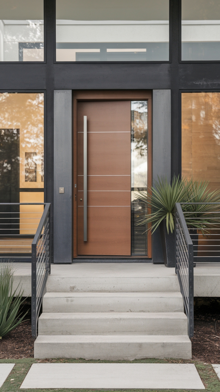 This striking minimalist front door serves as a stunning focal point, seamlessly blending style and functionality. Its sleek design, complemented by a glass panel, invites natural light into the modern entryway, which is framed by a chic concrete staircase and thoughtfully placed potted plants that add a touch of greenery. The contemporary porch, featuring a stylish steel rod railing, enhances the overall aesthetic, while the backdrop of large windows on the modern home facade creates a harmonious balance of openness and sophistication.