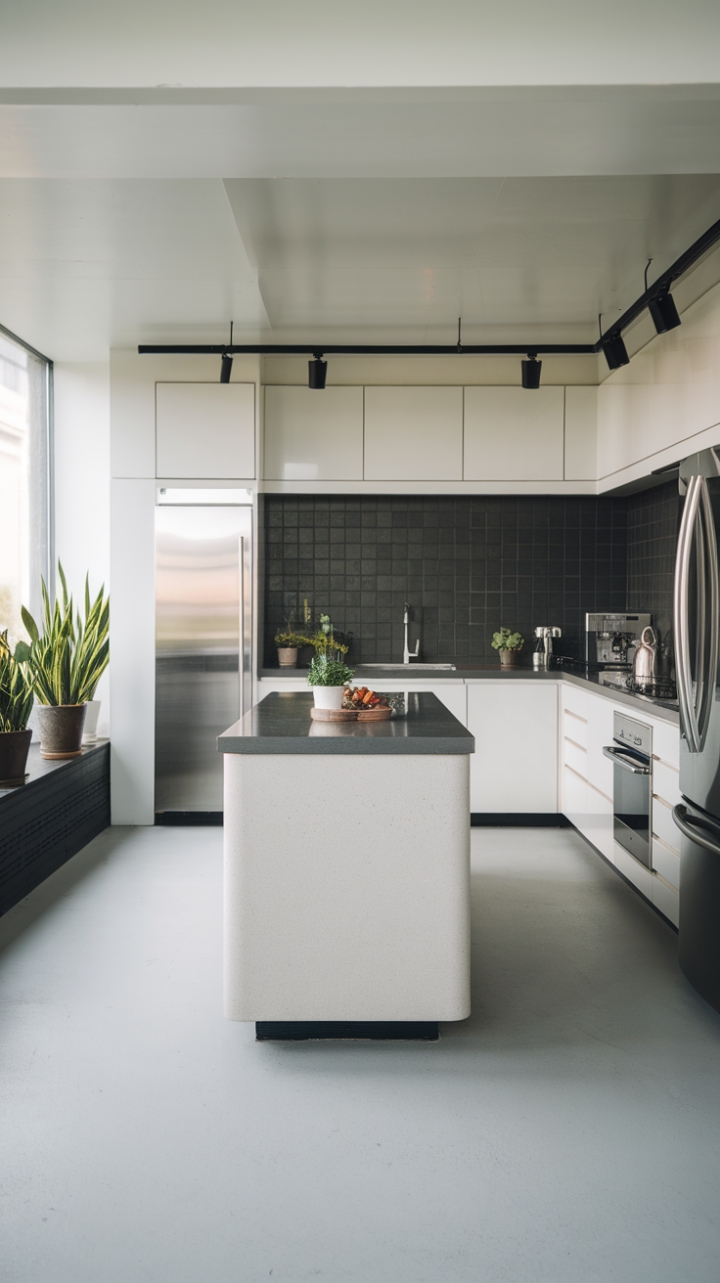 A symphony of greys creates a stunningly modern kitchen. The light grey island, anchored by a dark grey countertop, contrasts beautifully with the white perimeter cabinets and matching dark grey countertops. Stainless steel appliances gleam against the dark grey tile backsplash, while potted plants add a touch of organic warmth to this impeccably designed space.