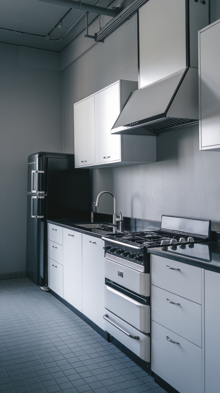 In this chic minimalist kitchen, urban sophistication meets functional design, creating a space that is both stylish and practical. The bold black countertop pairs beautifully with the pristine white cabinets, while the stainless steel sink and faucet add a sleek touch. A black stove with four burners is perfectly positioned beneath a striking white hood, featuring a black vent that ties the look together. The black refrigerator with its stainless steel handle completes the ensemble, and the elegant tile floor, along with the muted gray walls, creates an inviting atmosphere that is perfect for culinary creativity.
