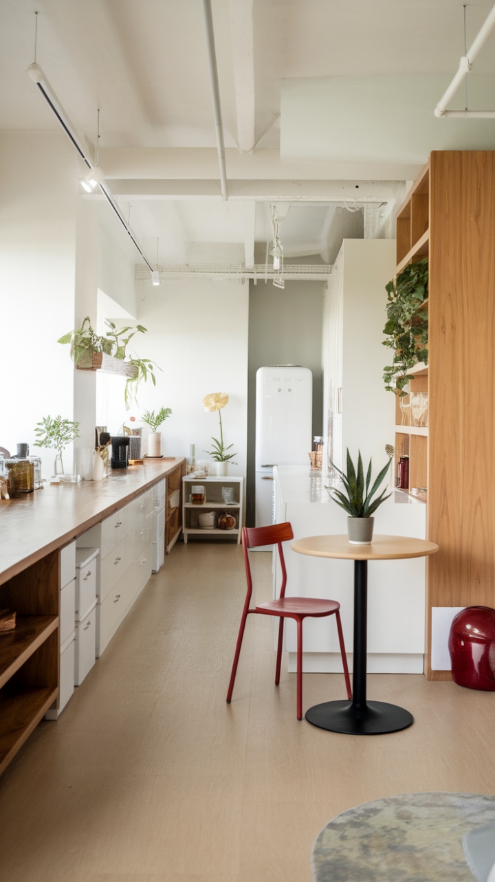 This contemporary kitchen embodies the essence of minimalist design, where sleek lines and a harmonious blend of wooden and white elements create an inviting atmosphere. The open-concept layout is bathed in natural light, highlighting the long wooden counter adorned with carefully selected items that add a personal touch. A crisp white cabinet and fridge provide a clean backdrop, while a small round wooden table, paired with a vibrant red chair, introduces a playful pop of color. Lush greenery from potted plants breathes life into the space, making it a perfect blend of functionality and style.