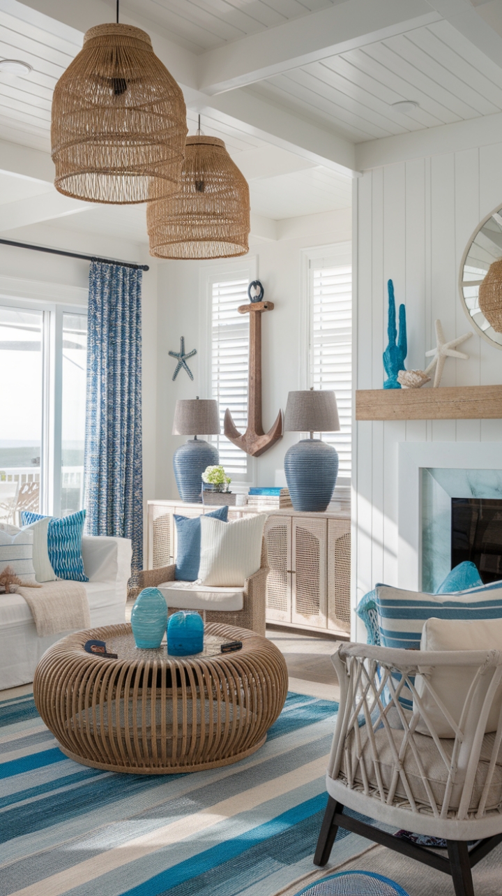Embrace the tranquil allure of this modern beach house living room, where coastal charm meets contemporary design. The serene color palette of ocean blues, crisp whites, and soft grays creates a calming atmosphere, enhanced by breezy furnishings like a wicker chair and a rattan coffee table. Nautical elements, including a wooden anchor and rope-wrapped lampshades, infuse the space with character, while charming marine accents like a starfish and seashell on the mantel evoke the beauty of the shore, making this room a perfect sanctuary for beach lovers.