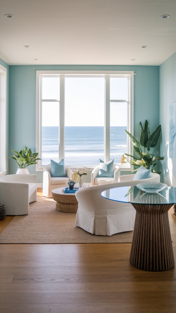 Bask in the serene beauty of this modern beach house living room, where coastal charm meets contemporary elegance. The soft blue walls echo the tranquil hues of the ocean, creating a seamless connection to the breathtaking view framed by the expansive window. A plush white sofa invites relaxation, complemented by stylish chairs that encourage conversation. The round glass-top table adds a touch of sophistication, while potted plants near the window breathe life into the space. The warm wooden floor and cozy rug beneath the sofa provide a welcoming foundation, making this room a perfect retreat for both leisure and entertaining.