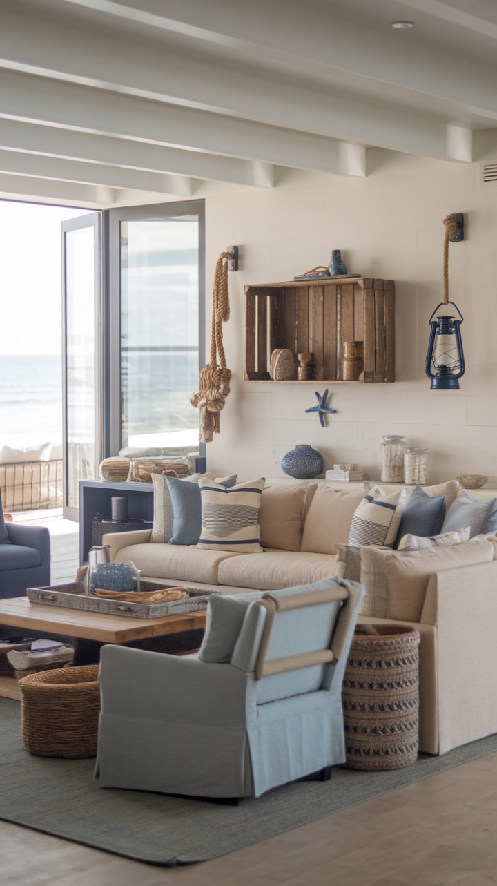With its harmonious blend of neutral tones and oceanic hues, this contemporary coastal living room captures the essence of beachside living. The large, inviting beige sofa serves as a focal point, surrounded by accent chairs in calming blue and grey that reflect the colors of the sea. A wooden coffee table adds a touch of rustic charm, while nautical-inspired decor-such as a vintage lantern and a wooden crate-infuses the space with character. Accents like a rope-wrapped basket and a starfish bring the marine theme to life, creating a breezy, inviting atmosphere as the fresh ocean air flows through the open windows, making this room a perfect retreat.