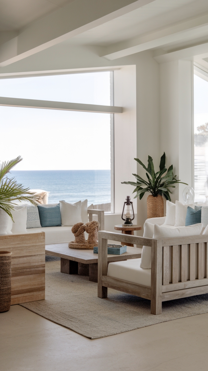 Ocean breezes and minimalist dreams collide in this serene coastal living room. Whitewashed walls and natural wood furniture create a calming sanctuary, while pops of blue and subtle nautical accents add a touch of playful seaside charm. The expansive ocean view is the ultimate masterpiece.