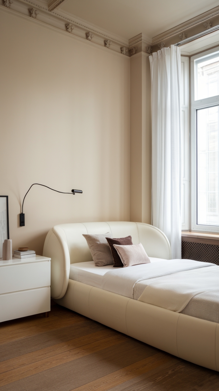 Unwind in this serene contemporary haven, where minimalist design meets urban chic. The soft beige walls and warm wood floors create a calming backdrop for the crisp white bed and sleek dresser, promising nights of peaceful slumber. A simple reading lamp adds a touch of functional elegance.