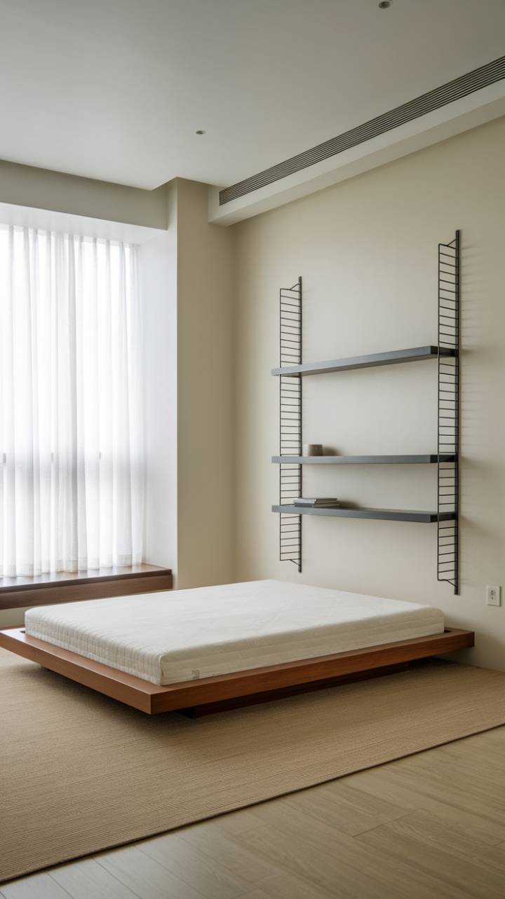 Uncluttered serenity meets modern sophistication in this minimalist bedroom haven. The clean lines of the wooden platform bed, anchored by a plush white mattress and a subtly textured rug, are perfectly complemented by the sleek black metal shelving and soft white curtains, all set against a backdrop of calming white walls and light wood floors. A sanctuary of simple elegance.
