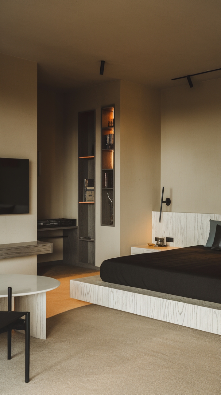 Unwind in this contemporary haven, where minimalist design meets urban chic. A crisp white platform bed anchors the space, its sleek lines complemented by a wall-mounted TV and a curated selection of furniture in contrasting black and white. The beige palette creates a calming atmosphere, perfect for a peaceful night's rest.