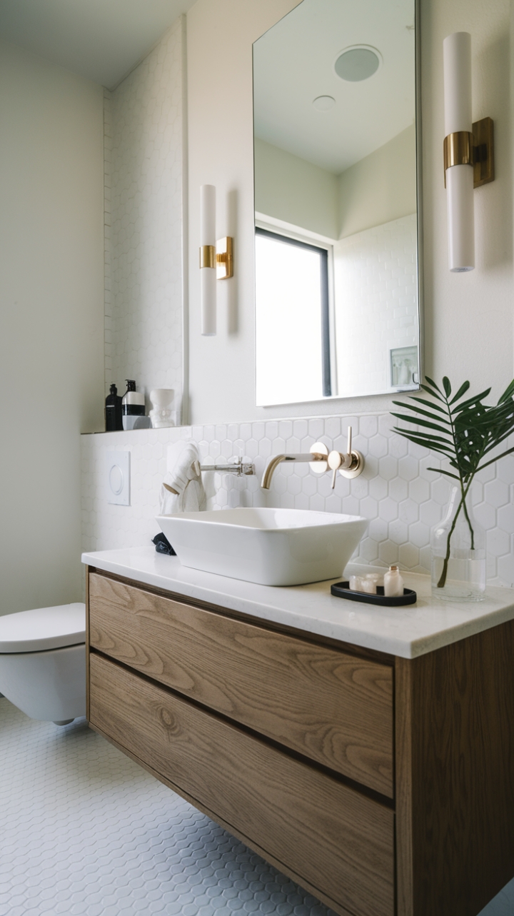This stunning modern powder room embodies the essence of minimalist design, showcasing a sleek vanity that harmonizes with the chic half bath elements. The contemporary decor is accentuated by a stylish vessel sink paired with a wall-mounted faucet, creating a striking focal point. Underfoot, the pristine white hexagonal tiles add a touch of sophistication, making this space not only functional but also a true statement of elegance for guests.