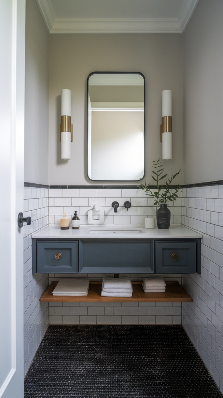 A stunning example of modern design, this powder room showcases a minimalist aesthetic that is both stylish and inviting. The sleek vanity, adorned with a crisp white countertop and a bold black sink, captures attention, complemented by a chic wall-mounted faucet. Above, a contemporary mirror reflects the soft light grey walls, creating an airy feel. The playful black and white checkered tiles on the floor add a dynamic touch, making this guest bathroom a perfect retreat for visitors seeking both comfort and style.