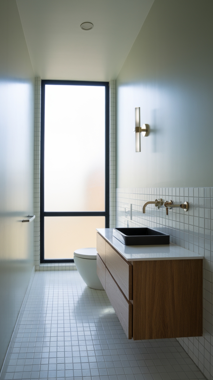This contemporary powder room embodies minimalist elegance, featuring a sleek vanity topped with a pristine white countertop and a striking black sink that serves as a bold focal point. The wall-mounted faucet, with its modern lines, complements the chic aesthetic, while the soft grey walls create a serene backdrop. Underfoot, the pristine white tiles enhance the room's airy feel, and the frosted glass window invites a gentle wash of natural light, making this space not only functional but also inviting for guests seeking a stylish retreat.