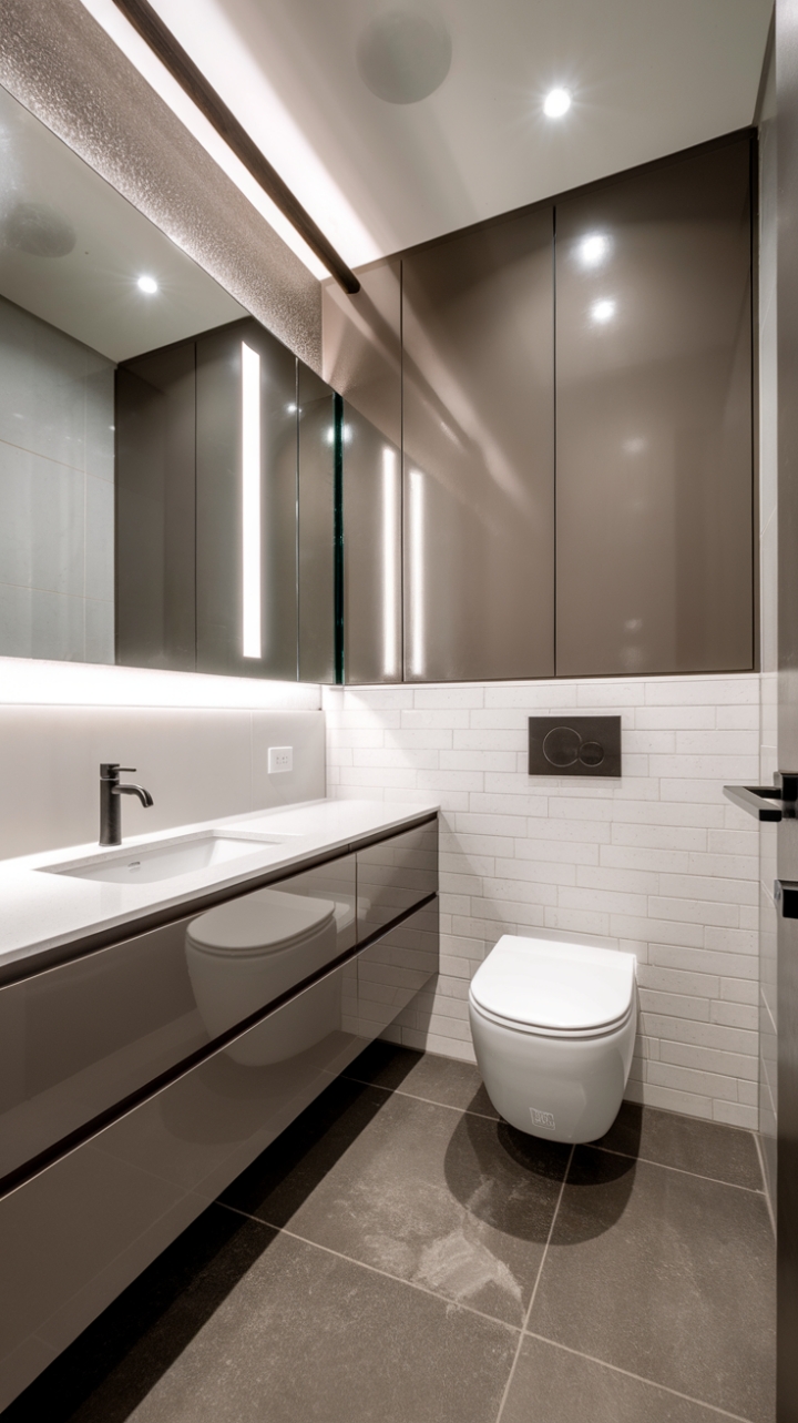 Modernity meets tranquility in this exquisitely designed powder room. The interplay of matte black fixtures against the pristine white tile and cool grey flooring is simply captivating. Subtle yet striking, this space is a testament to the power of minimalist design.