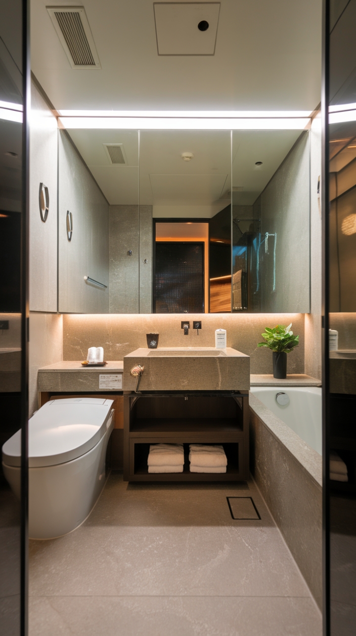 Escape to a sanctuary of sophisticated simplicity. This modern bathroom's sleek design and calming palette invite tranquility, while the thoughtful details whisper understated elegance.