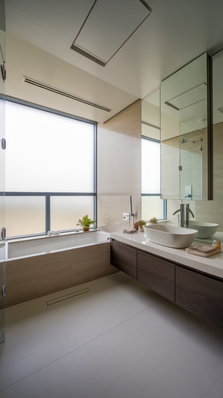 This contemporary bathroom embodies the essence of minimalist design, showcasing a sleek white bathtub that seamlessly integrates with a built-in shower for a spa-like experience. The modern floating vanity, adorned with a pristine white countertop and a tall vessel sink, serves as a striking focal point, complemented by a chic mirror that enhances the sense of space. Large white tiles blanket the floor, creating a clean and airy atmosphere, while a frosted glass window near the ceiling allows soft, diffused light to filter in. A touch of greenery from a small plant and neatly arranged towels add warmth and personality, transforming this bathroom into a serene sanctuary.