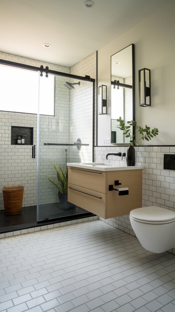 This contemporary bathroom embodies the essence of minimalist design, showcasing a harmonious blend of sleek lines and functional elegance. The walk-in shower, enclosed by a glass door, features striking black tiles that create a bold contrast against the pristine white rectangular floor tiles. A floating vanity with a crisp white countertop and chic black fixtures serves as a stunning focal point, flanked by two stylish black square wall sconces that illuminate the space with a warm glow. Adding a touch of nature, a few lush green plants and a rustic wooden basket introduce organic elements, enhancing the serene atmosphere of this modern retreat.